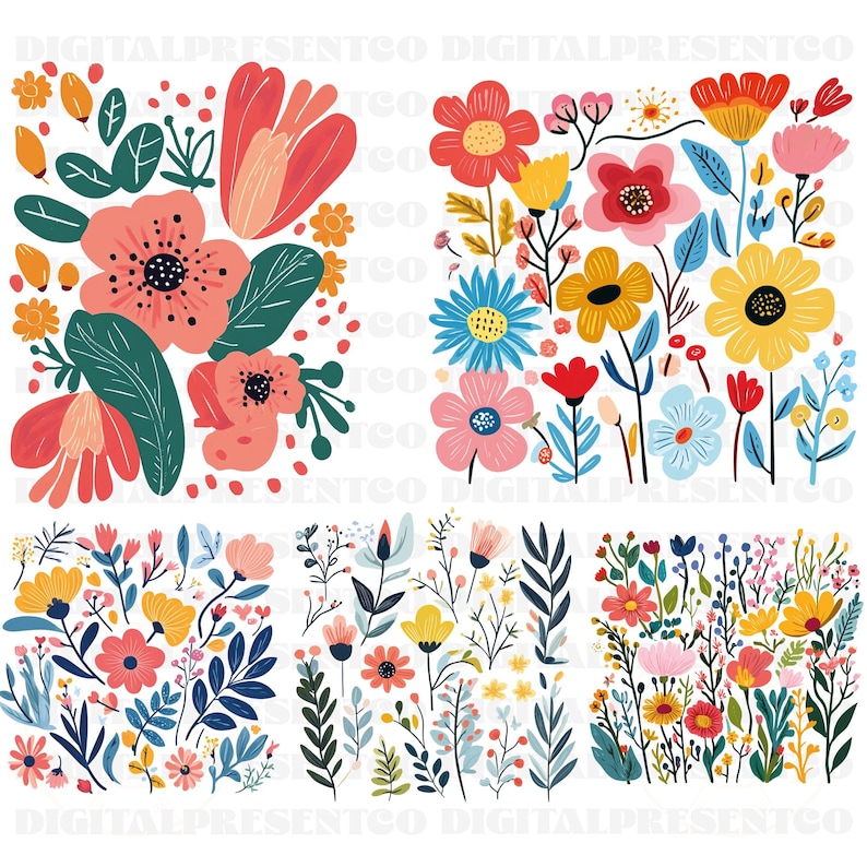 May include: A digital illustration featuring a collection of colourful flowers. The flowers are in various shades of pink, red, yellow, blue, and green. The flowers are arranged in a variety of patterns and designs. The illustration is ideal for use in digital scrapbooking, card making, and other creative projects.