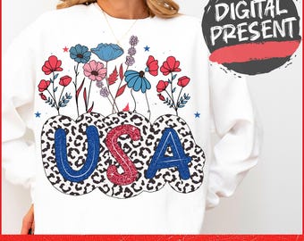 Floral USA Png, Floral Brushstroke USA Png, Retro America Png, 4th Of July PNG, 4th Of July Sublimation Design, Patriotic Png, Girly png