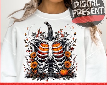 Ribcage Pumpkins Png, Retro Halloween Png, Halloween Skeleton Png, Spooky Season Png, Pumpkin Halloween Png, Sublimation png