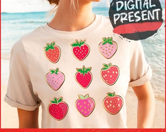Strawberry Coquette PNG, Summer Strawberry Png, Strawberry Aesthetic Png, Retro Summer Png, Spring Floral Png, Glitter Cottagecore