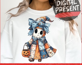 Retro Halloween Blue Denim Ghost Png, Trendy Patchwork Spooky Ghost Png, Cute Boo Ghost Coquette Png, Fall Pumpkin Png, Spooky Season Png