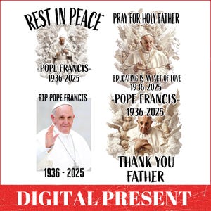 RIP Pape François Bundle PNG, 1936-2025, Design Hommage au Pape, Graphique noir et blanc du Pape, Design de chemise catholique, Mémorial du Pape PNG