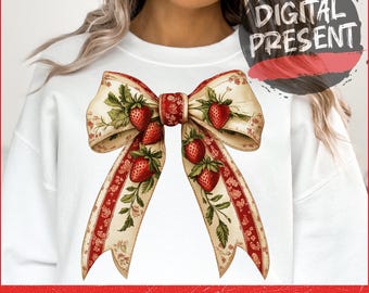 Coquette Strawberry Bow Png, Cute Strawberry Ribbon PNG, Girly Bow Aesthetic, Trendy Coquette, Soft Girl Ribbons, Pink Bow Shirt Design Png