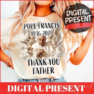 Obrigado, Padre Papa Francisco PNG 1936-2025, Design de Homenagem ao Papa, Anjos e Cruz, PNG Religioso, Design de Camisa Católica, PNG Memorial ao Papa