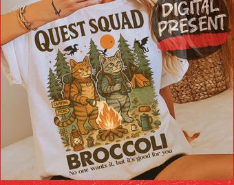 Descarga digital de brócoli de Quest Squad, PNG de Fourth Wing, diseños de camisetas de gato con brócoli, imágenes prediseñadas de jinete de dragón, artículos de Onyx Storm