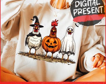 Leuke Halloween-kippen PNG, digitale download, Spooky Chicken, Pumpkin Chicken, Ghost Chicken, sublimatieontwerp, Clipart