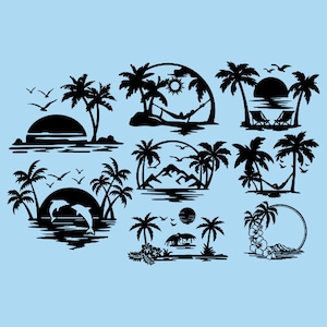 8 strandscène svg-bundel, zonsondergang strand svg, png, strandleven svg, eiland palmboom svg, tropisch eiland svg, Instant Download