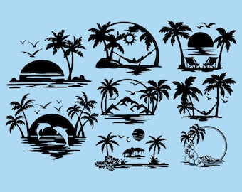 8 Beach scene svg bundle,Sunset beach svg,png,Beach life svg,Island palm tree svg, Tropical island svg, Instant Download