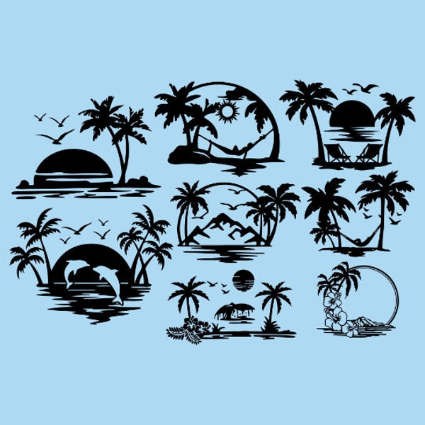 8 Beach scene svg bundle,Sunset beach svg,png,Beach life svg,Island palm tree svg, Tropical island svg, Instant Download