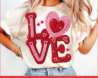 Faux Yarn Crochet Love Valentines Day PNG | Latch Hook Yarn Heart Sublimation Designs | Coquette Retro Valentine Shirt PNG Download