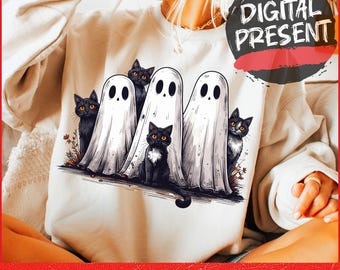 Retro Halloween-spöke och katt png, läskigt spöke png, preppy blommig Halloween-png, bu Halloween-png, rolig Halloween-png, svart katt-png