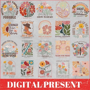 Pode incluir: Uma colagem digital de 12 designs florais com citações inspiradoras e versículos bíblicos. Cada design apresenta um arranjo floral diferente com uma variedade de cores, incluindo rosa, amarelo, vermelho e azul. As citações incluem frases como "Com Deus, todas as coisas são possíveis", "Mais forte que a tempestade", "Fique quieto e saiba", e "O tempo de Deus é perfeito".
