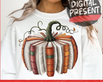 Fall Book Pumpkin PNG, Retro Autumn Reading Sublimation Design, Librarian Halloween Shirt, Cozy Pumpkin Season Digital Download for Teachers
