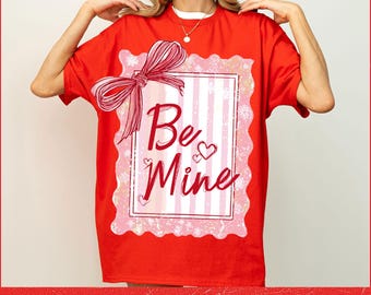 Coquette Valentines Postage Stamp PNG, Be Mine Valentines Heart Png, Preppy Painted Bow Valentines Shirt Png, Trendy Valentines Day Png
