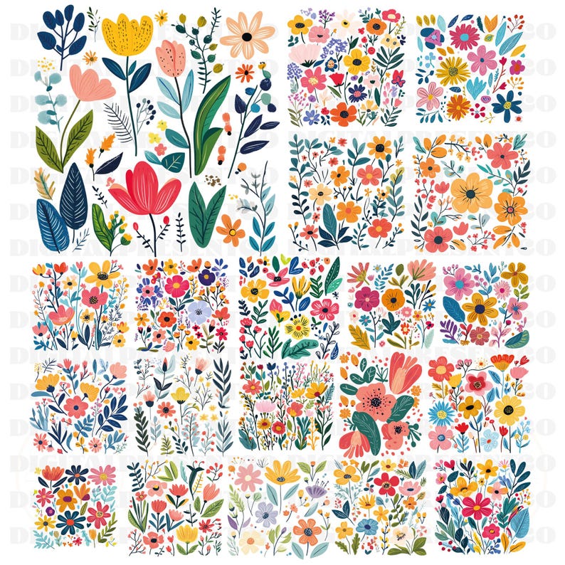 May include: A collection of 24 digital illustrations featuring colourful floral patterns. The illustrations include various flowers, leaves, and stems in a variety of colours, including pink, yellow, blue, green, and red. These illustrations are perfect for adding a touch of whimsy and colour to any project.