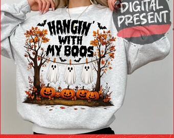 Funny Hanging Ghosts Halloween PNG, Hangin’ With My Boos Shirt Design, Halloween Ghost Png, Cute Pumpkin Bat Halloween Sublimation