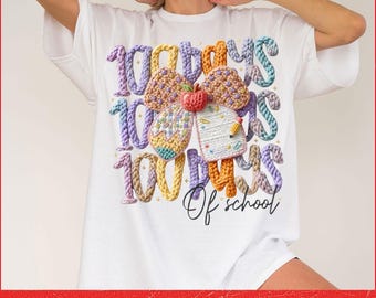 100 Days of School PNG, Crochet Bow Pencil Design, Teacher 100th Day Shirt Digital Download, Cute Yarn Style Back to School Art