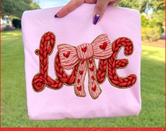 Valentine's Day LOVE PNG • Faux Knitted Yarn Texture Valentine PNG • Crochet Coquette Bow Digital Download • Pink Red Sublimation Design