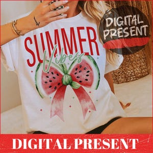 May include: White t-shirt with the text "Summer Vibes" in red lettering and a watercolour illustration of a watermelon bow.