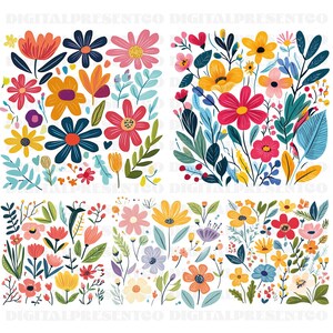 May include: A digital clipart set of colourful floral illustrations. The set includes various flowers, leaves, and stems in shades of pink, yellow, blue, red, and green. The flowers are stylised and whimsical, with a variety of shapes and sizes.