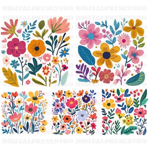 May include: A digital collage of four colourful floral patterns. Each pattern features a variety of flowers in different colours, including pink, yellow, orange, red, and blue. The flowers are arranged in a random pattern and are surrounded by green leaves.