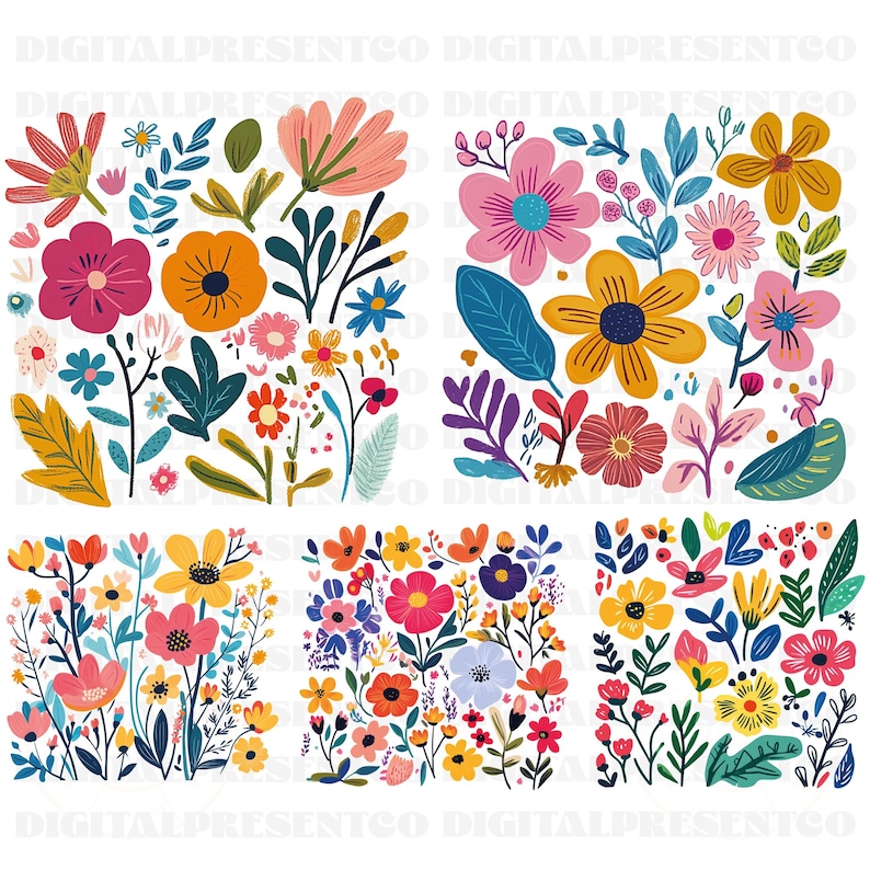 May include: A digital collage of four colourful floral patterns. Each pattern features a variety of flowers in different colours, including pink, yellow, orange, red, and blue. The flowers are arranged in a random pattern and are surrounded by green leaves.