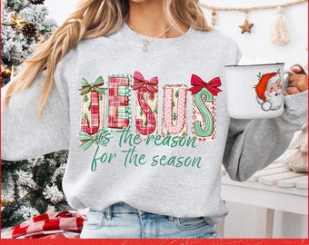 Jesus Is The Reason For The Season PNG Coquette Christian Christmas PNG Preppy Bow Retro Christmas Tree PNG Hand Drawn Gingham Tartan Doodle