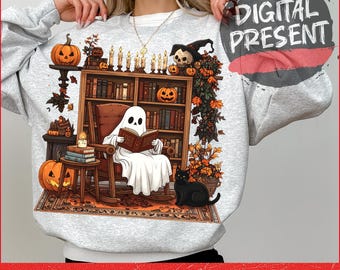 Retro gezellige spooklezing Halloween png, boekenliefhebber spooksublimatie, herfstbibliotheek boo spookshirt png, schattige griezelige boekenplank spook png