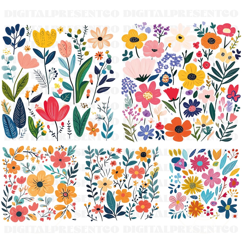May include: A digital clipart set of colourful floral illustrations. The set includes individual flowers, leaves, and floral arrangements in various shades of pink, yellow, blue, orange, and green.
