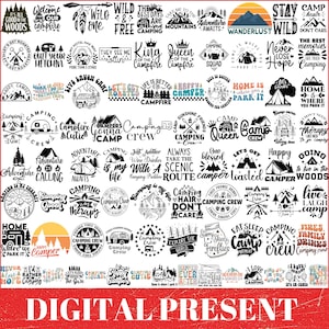 Könnte beinhalten: Ein digitaler Download von 40 Camping-SVG-Designs. Die Designs zeigen Schwarzweißillustrationen von Zelten, Lagerfeuern, Bergen und anderen Camping-Motiven. Die Designs beinhalten auch Text wie "Camp Queen", "Camping Crew" und "Adventure Awaits".
