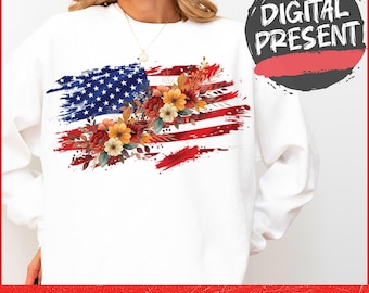 American Flag Floral PNG, Patriotic Wildflower USA Sublimation Design, Boho 4th Of July Shirt Graphic, Poppy And Daisy Flag PNG
