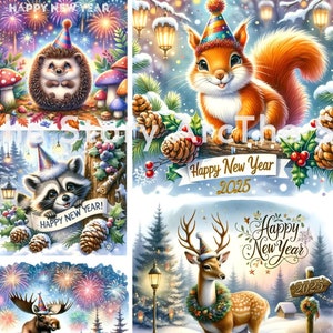 Frohes neues Jahr Clipart, Waldtiere, 15 hochwertige JPG, digitaler Download, Sublimation, Kartenherstellung, Scrapbooking, neues Jahr 2025