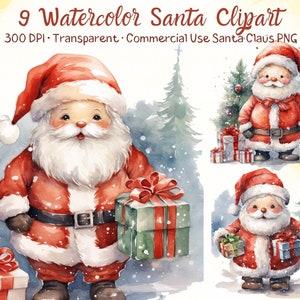 Clipart de Papai Noel, 9 clipart de Papai Noel em aquarela, PNG de Papai Noel, presente de Natal, clipart de férias de inverno, desenhos de Natal PNG, criação de cartões