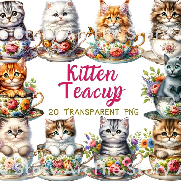 Kitten in Teacup Clipart, 20 Kitten Clipart, Cute Cat Digital Download, Floral Teacup Clipart, Kitten Flower, Sublimation Design Kitten PNG