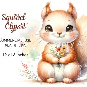 May include: A cute cartoon squirrel with a bushy tail holds a bouquet of colourful flowers. The squirrel has large brown eyes and a sweet expression. The background is a watercolour wash of pink, blue, and green.
