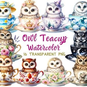 Clipart tazza da tè gufo, 16 acquerello gufo, download immediato PNG, pianificatore digitale, sublimazione, scrapbooking carta artigianato, diario, uso commerciale