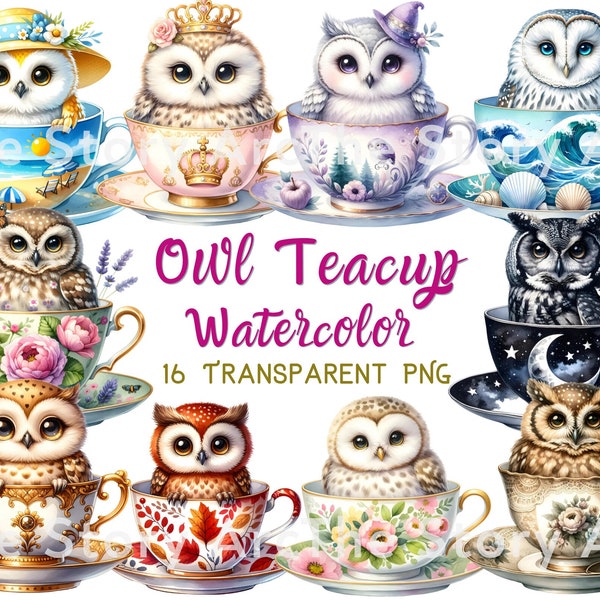 Owl Watercolor Clipart Teacup Design, 16 Cute Owl PNG, Digital Download, Commercial Use, Digital Planner, Sublimation Graphics, Scrapbooking