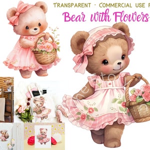Beer met bloemenmand clipart, schattige teddybeer sublimatie design, beer in roze jurk afdrukbare kunst digitale download voor briefpapier ambachten