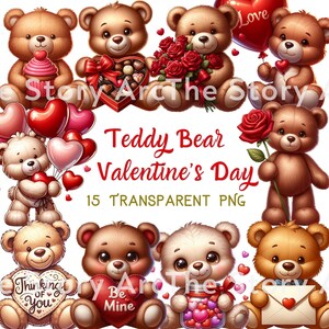 May include: A set of 15 digital images featuring teddy bears in various Valentine's Day themes. The bears are holding hearts, roses, balloons, chocolates, and other romantic items. The images are perfect for crafting, scrapbooking, and other creative projects.