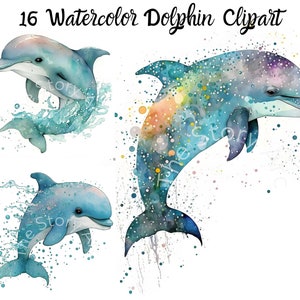 Clipart aquarelle dauphin, 16 JPG haute qualité, Clipart sous la mer, vie marine, téléchargement numérique pour le scrapbooking, autocollant, sublimation