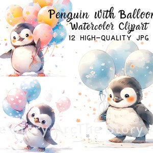 Clipart de pingüino con globos, 12 imágenes JPG de alta calidad, diseño de sublimación de pingüino, linda decoración para fiestas, descarga digital, clipart imprimible para fiestas