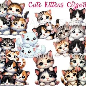 Süße Kätzchen Clipart, 15 Aquarell Kätzchen PNG, Verspielte Katzen, Sofortiger Download für Digitales Papier, Scrapbooking, Sublimation, Junk Journal