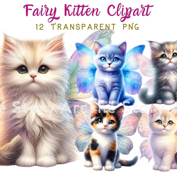 Fairy Kitten Clipart, 12 Kitten PNG, Cat Fairy Clipart, Cute Kitten, Cat Fairy Wings, Digital Download, Kitten Sublimation Graphic Design