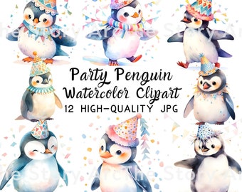 May include: Twelve watercolor illustrations of penguins wearing party hats. The penguins are in various poses, some are standing, some are sitting, and some are waddling. The illustrations are on a white background with confetti and party flags.