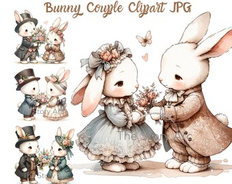 Bunny Couple Rabbit Clipart, Valentine Bunnies, 12 High Quality JPG, Digital Download for Digital Crafts, Stationery, Scrapbook, Card Making