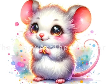 May include: A cute cartoon mouse with big pink ears and large eyes holds a small piece of cheese in its paws. The mouse is white with a pink nose and cheeks. The background is a watercolor wash of colorful dots and swirls.