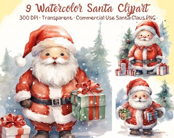 May include: Nine watercolour illustrations of Santa Claus in various poses, including holding presents and standing in front of a Christmas tree. The illustrations are in a cartoon style and have a whimsical feel.