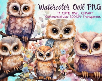May include: Four watercolor illustrations of owls perched on branches with pink and blue flowers. The owls have large, round eyes and are painted in shades of brown, beige, and purple.