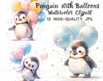 May include: A set of 12 digital watercolor clipart images featuring a cute penguin holding colorful balloons. The penguin is wearing a red bow tie and has a happy expression. The balloons are in shades of blue, pink, and yellow. The text "Penguin with Balloons Watercolor Clipart 12 High-Quality JPG" is included in the image.