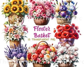 Flower Basket Clipart, Flower Bouquet, Digital Download Sublimation, Scrapbooking, Junk Journal, Card Making, Stationery, Basket of Flowers